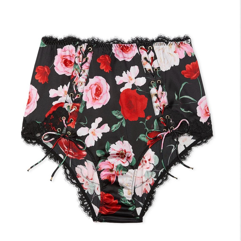 Victoria's Secret Black and Red Floral Lace-Up Panties
